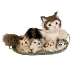 Vintage Basket of Mother Cat 4 Kittens Rabbit Fur Glass eyes